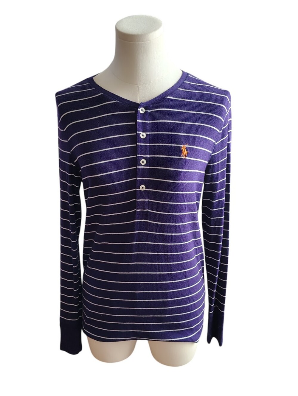 Vintage Ralph Lauren Deep Purple and White Striped Button Thermal Tee Size Large